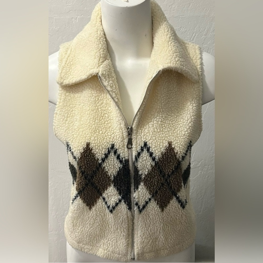 Vintage I.N. Faux Sherpa Argyle Full Zip Vest Juniors Large